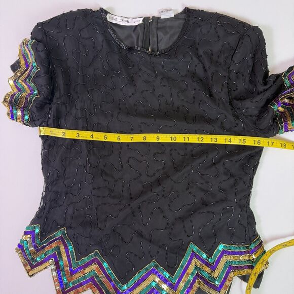 Vintage Scala Silk Beaded Sequin Top Petite Medium Art Deco Glam Flawed Zipper - Picture 4 of 15